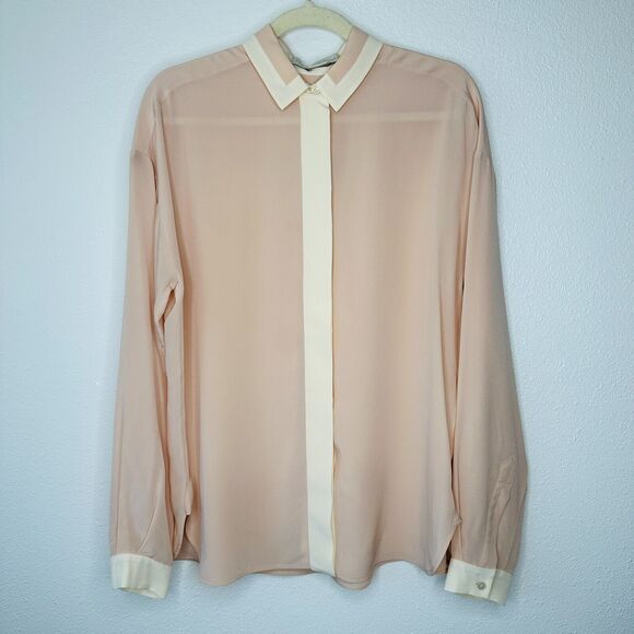 Stella McCartney Light Peach Silk Blouse Cream on Collar Button Placket Cuffs 42 - Picture 3 of 12